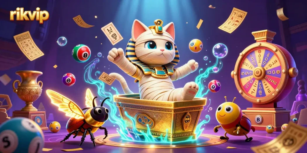 Experience thrilling wins at rikvip, featuring vibrant games and exciting lottery elements in a casino scene.