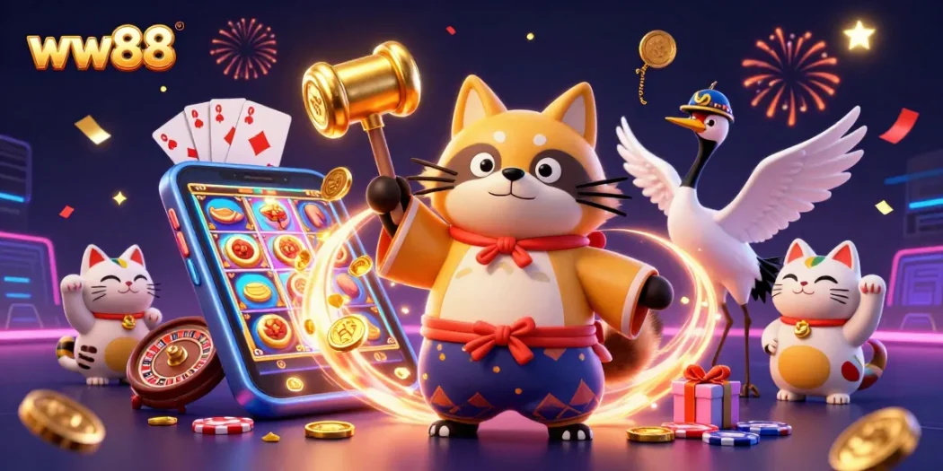 Engage with thrilling slots at ww88 featuring lucky tanuki and fortune cats in a festive casino scene.