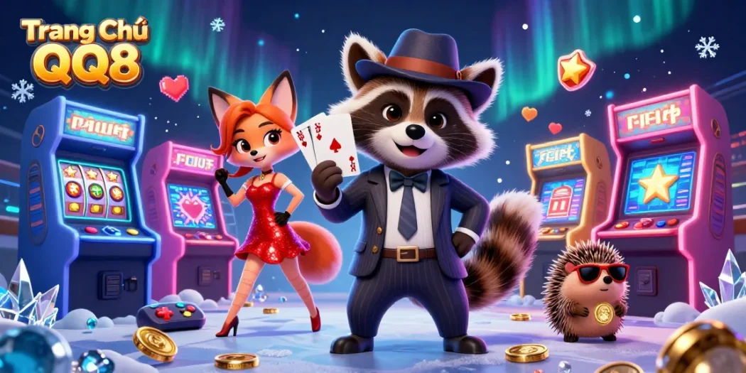 Engage with exciting gaming on Trang Chủ QQ8 with a suave raccoon, glamorous fox, and bouncer amidst dynamic casino visuals.