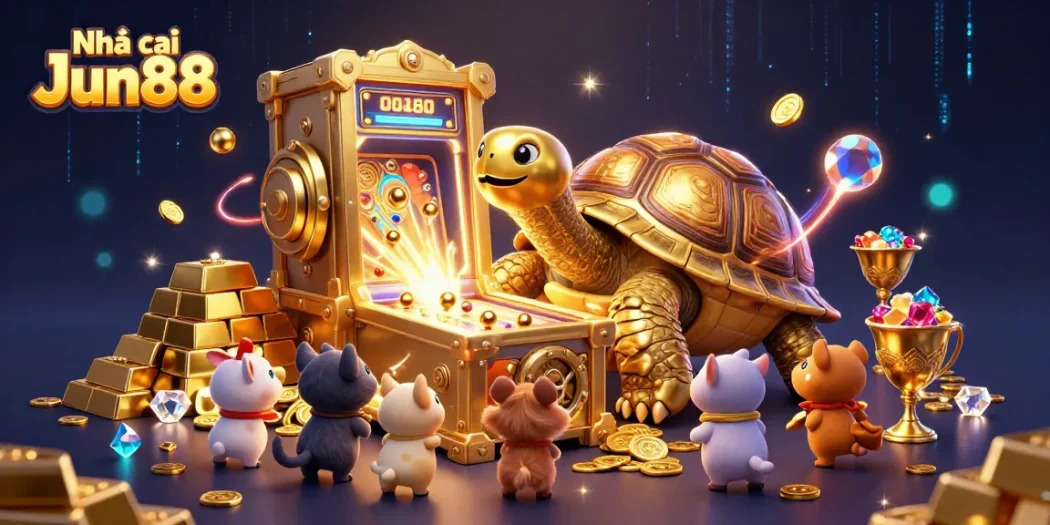 Experience the excitement at Nhà cái Jun88 with vibrant 3D casino characters and dazzling treasures.