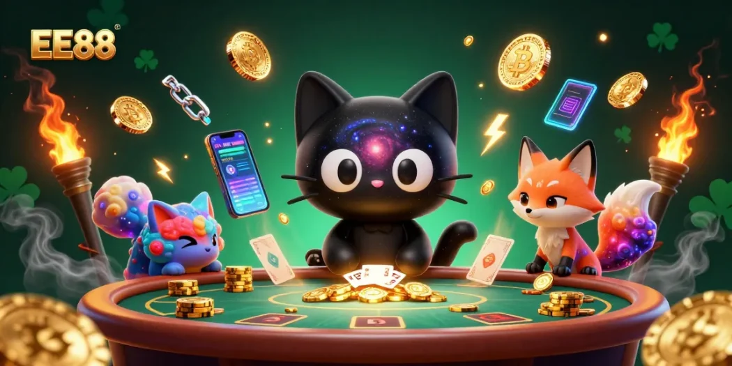Experience the excitement at EE88's cosmic casino with vibrant characters and glowing game elements.