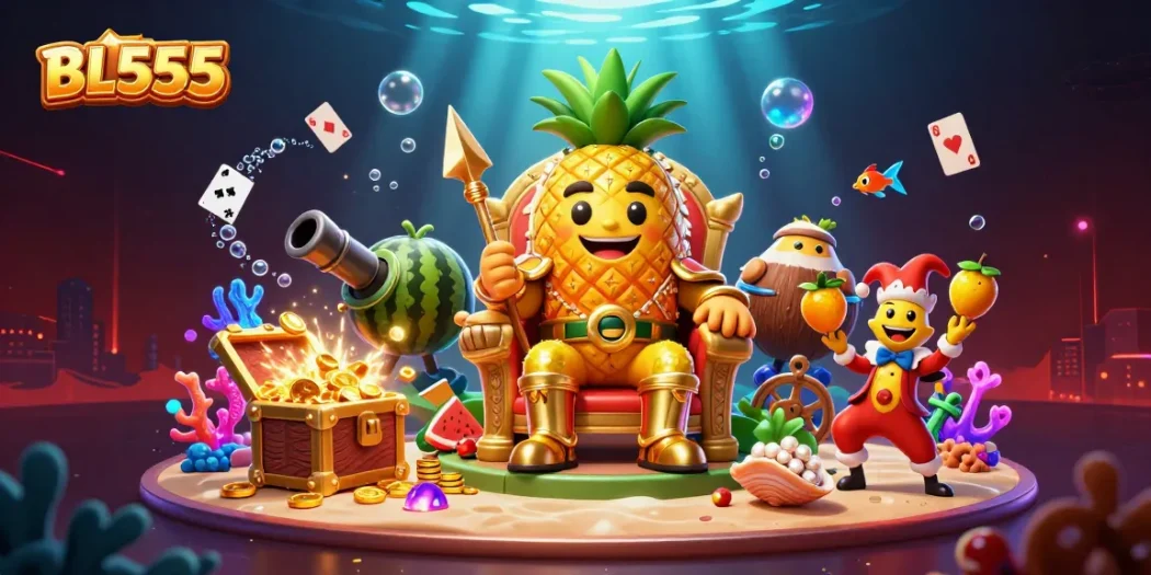 Engage with dynamic BL555 casino action as the pineapple king presides over a vibrant gaming scene.