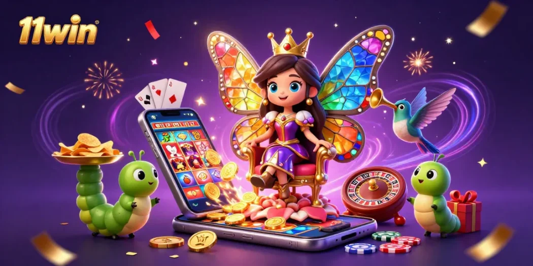 Experience the vibrant 11win world with a butterfly queen amid casino elements like slots and poker chips.