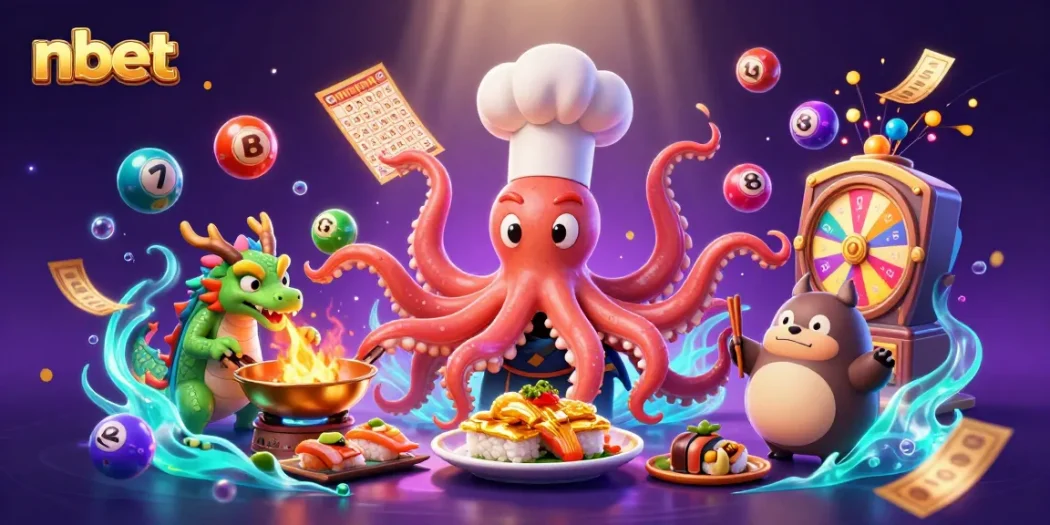 nbet offers vibrant lottery scene with octopus chef and dragon, dynamic colorful game elements.