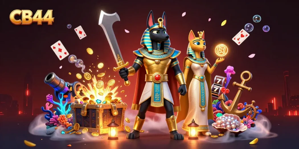 Immerse in CB44's vibrant gaming scene featuring Anubis and Bastet with slots and treasures.