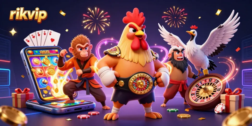 Engage with thrilling slot games at rikvip, featuring dynamic 3D characters and vibrant casino elements.