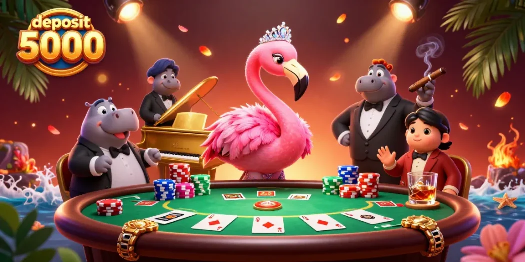 Experience thrilling gameplay with deposit 5000 at a vibrant poker scene featuring lively characters and rich casino atmosphere.
