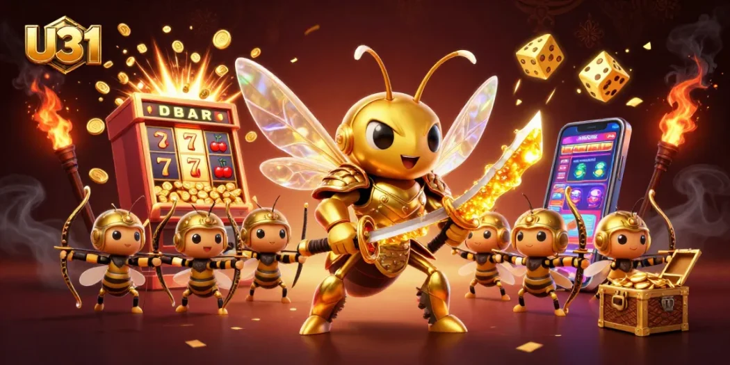 U31 gamers spin to win big at vibrant casino slots, showcasing a jackpot explosion and golden prizes.