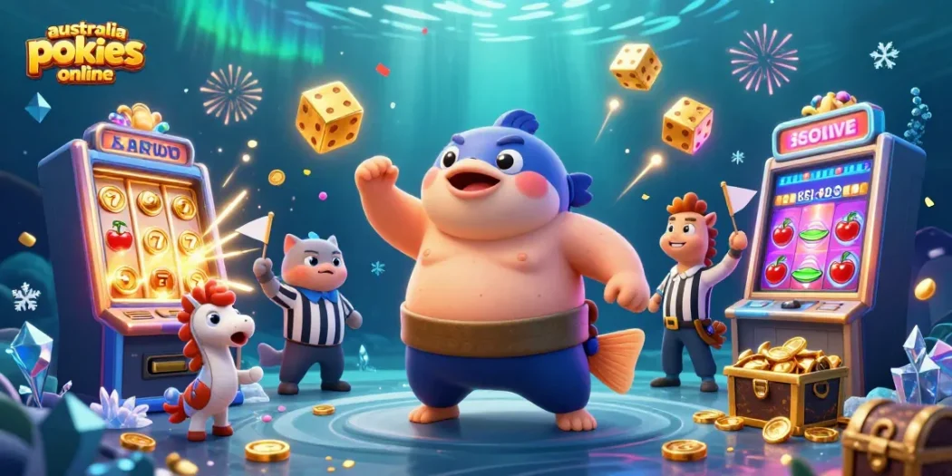 Spin the reels at australia pokies online with a vibrant underwater casino featuring an animated fugu character and exciting slot elements.