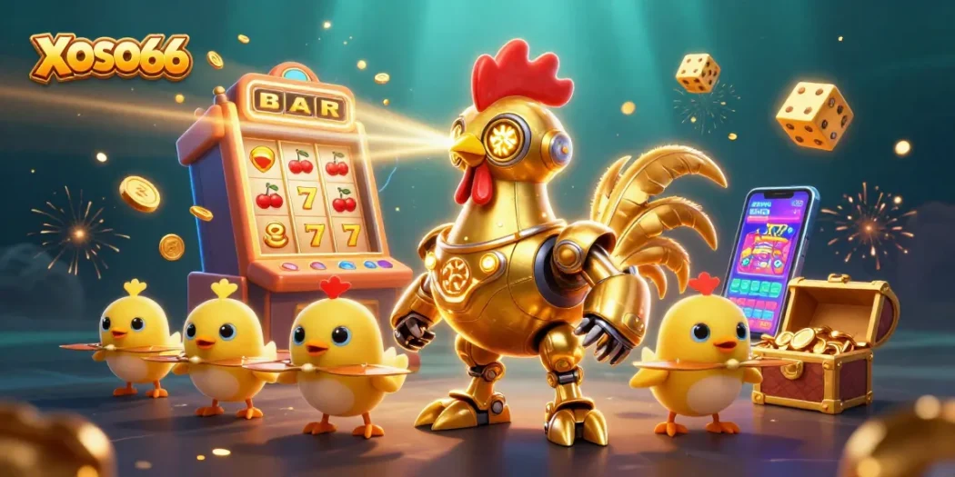XOSO66 invites players to engage with a dynamic casino scene featuring robots, jackpots, and vibrant gaming elements.