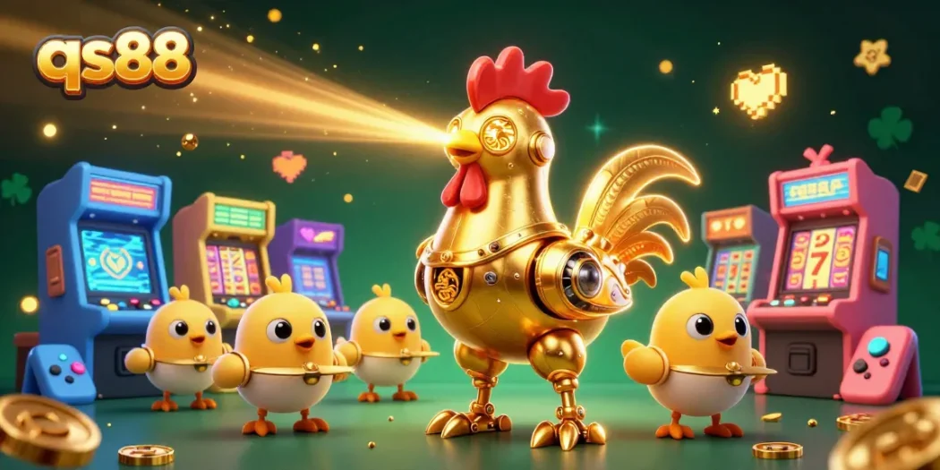 Engage with qs88's excitement as a golden rooster robot leads baby chick drones through a vibrant casino game scene.