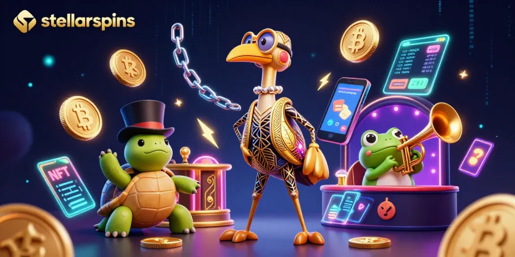 Engage with stellarspins at a vibrant casino scene featuring an Art Deco crane, turtle, and frog.