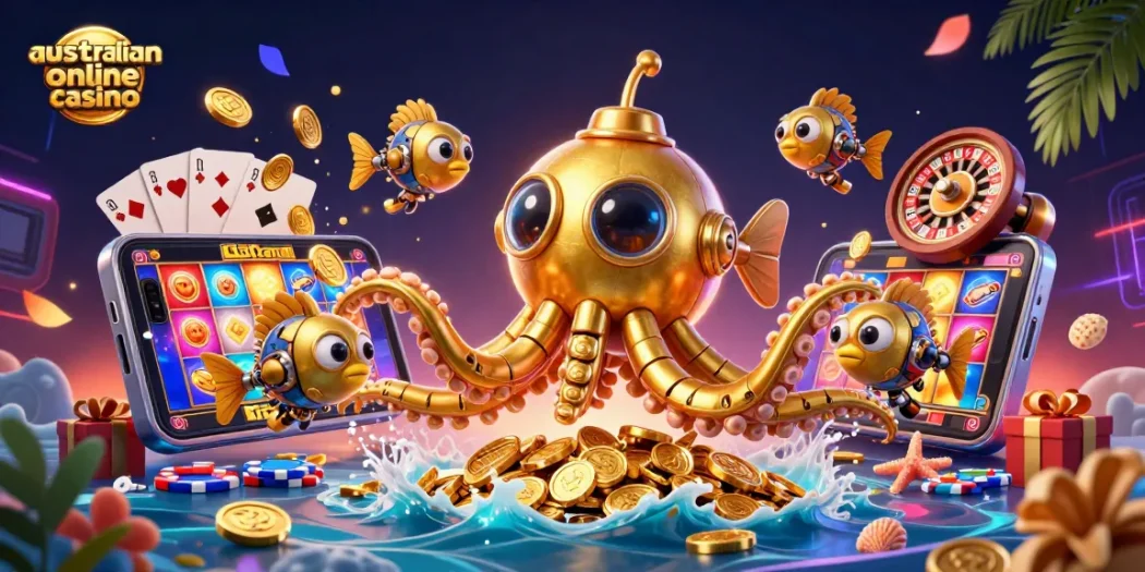 Join the excitement at the australian online casino with a golden kraken submarine, coins, and thrilling game elements.