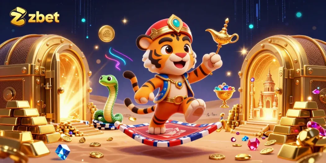 Experience zbet action with a magical tiger sultan, a treasure vault, and casino gems.