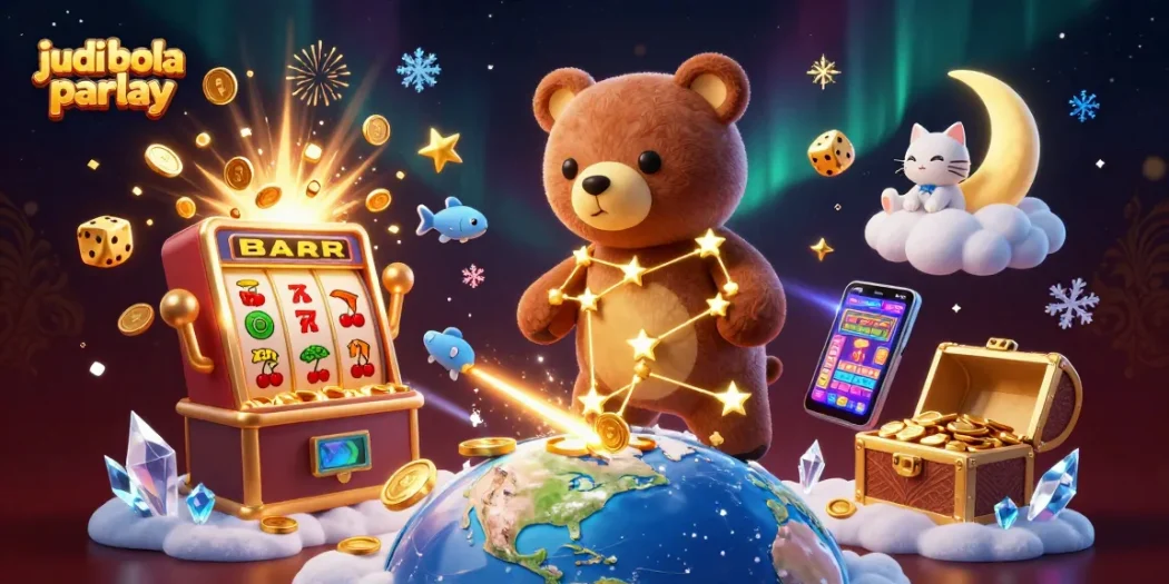 Bettors strategizing judi bola parlay with vibrant casino imagery, including a constellation bear and jackpot excitement.