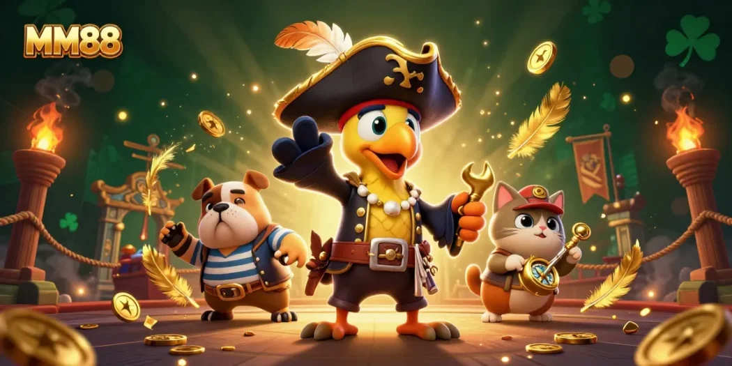 Experience the thrill of MM88 casino games with engaging characters and dynamic action in a vibrant, colorful scene.