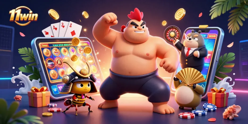 Engage with 11win's thrilling slots as a sumo rooster stomps and coins fly in a vibrant scene.