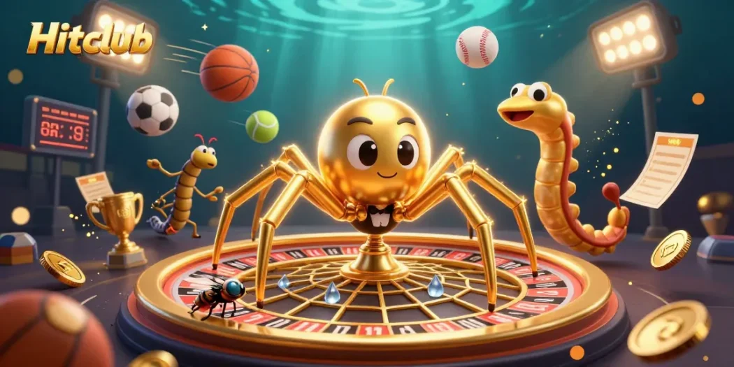 Hitclub offers thrilling gameplay with golden spider and croupier in a vibrant casino setting.