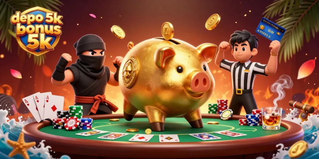 Engage with the depo 5k bonus 5k scene featuring a golden piggy bank sumo wrestler, dynamic poker action, and vibrant energy.