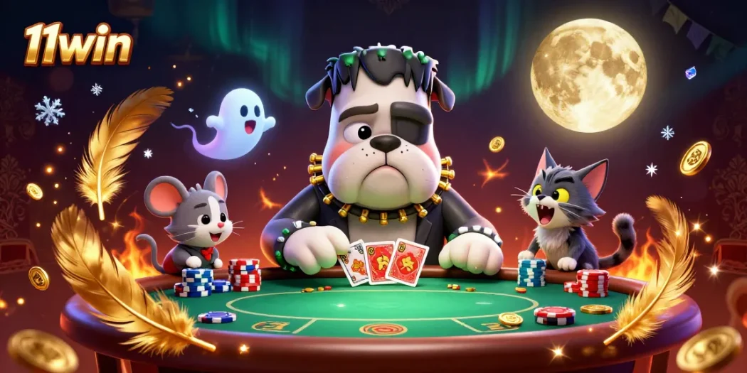 Engage with 11win's thrilling poker scene featuring unique characters in a vibrant casino atmosphere.