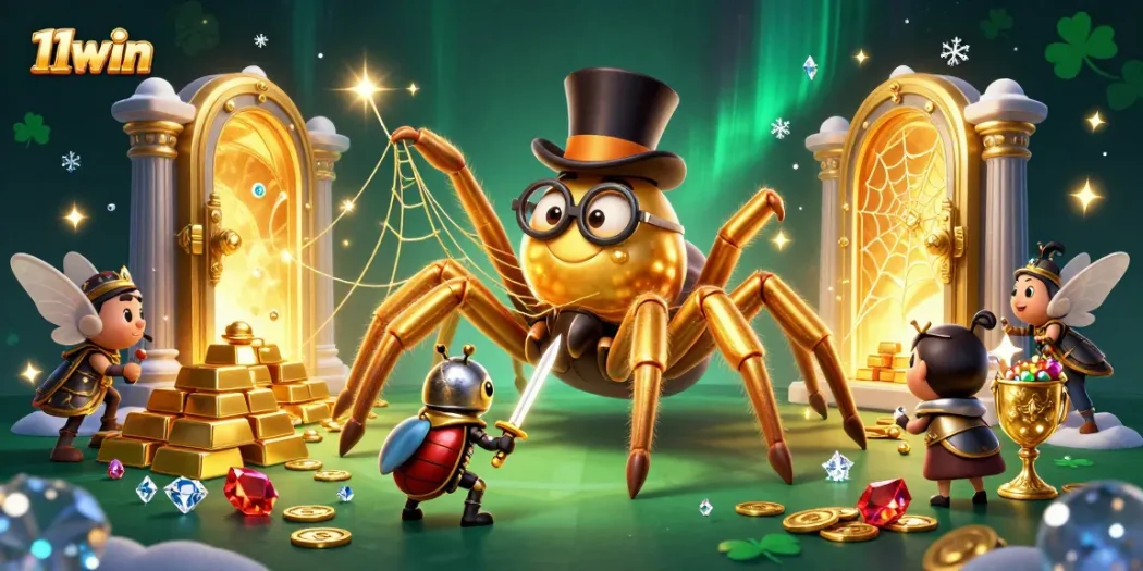 Engage with 11win's vibrant casino scene featuring a golden tarantula and beetle knight.