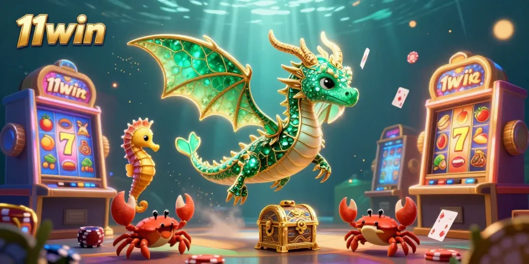 Experience the excitement of 11win with vibrant sea creatures, slot machines, and treasure in a colorful 3D illustration.