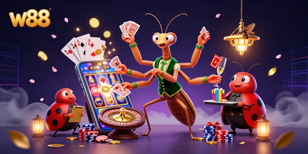 Engage with the lively world of w88, where a giant praying mantis deftly deals cards amidst casino elements.